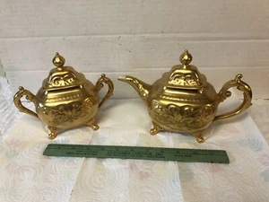 Vtg Cauldon Ware Brown Westhead Moore Heavily Gilt Gold Teapot & Covered Bowl - Picture 1 of 11