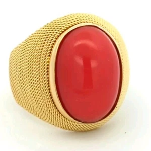 Video 18K Solid Yellow Gold Natural Coral Italian Designer Vergano Artisan Ring  - Picture 1 of 4