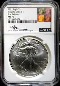 2021 1 Dollar American Silver Eagle T-1 999 Silver NGC MS 70 KM 273 1st Releases - Picture 1 of 2