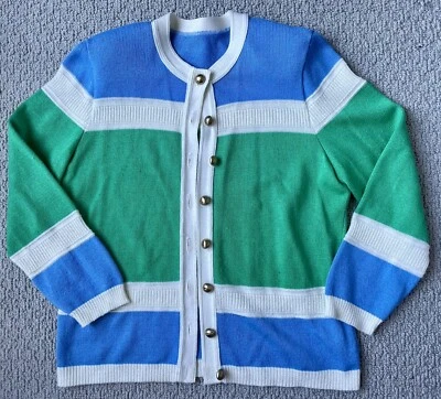 VTG Color Block Boxy Button Up Cardigan 80s/90s M/L USA Shoulder Pads Blue Green - Image 1 of 4