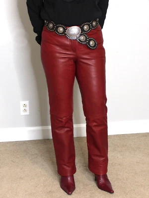 Pantalones de cuero para mujer rojos 6 DKNY SOFT piel de cordero granate vintage años 90 Y2K raros Foto 1 de 4