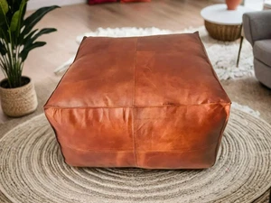Footstool 30'' Brown Boho New Unstuffed Square Leather Moroccan Ottoman Pouffe - Picture 1 of 7