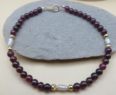 14k Yellow Gold Red Garnet White Fresh Water Pearl Bead Bohemian Bracelet #1239 - Image 1 of 4