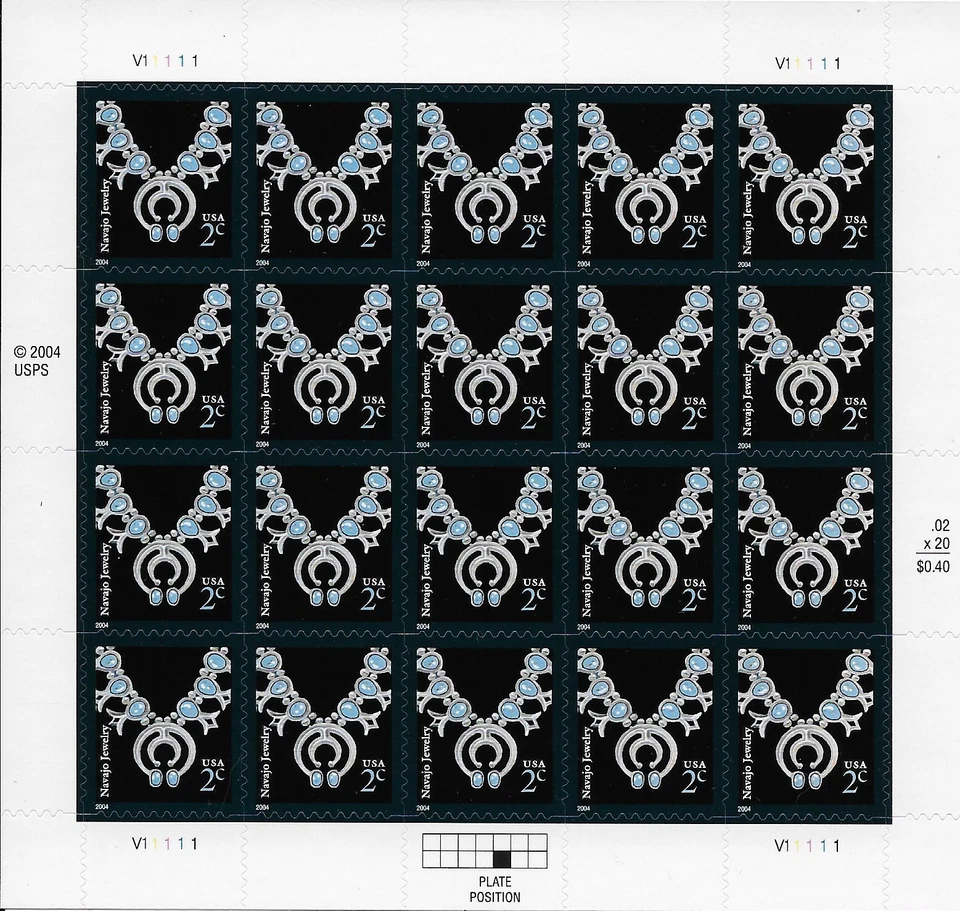 US Scott 3750, Navajo Necklace, Die Cut 11, 2004, Full Mint Sheet of 20, NH - Image 1 of 1