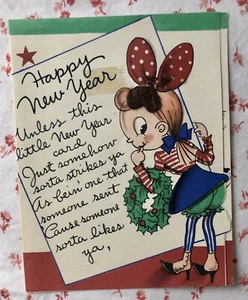 Vintage 1930s Happy New Year Greeting Card Cute Comic Girl in Polka Dot Hair Bow - Picture 1 of 6