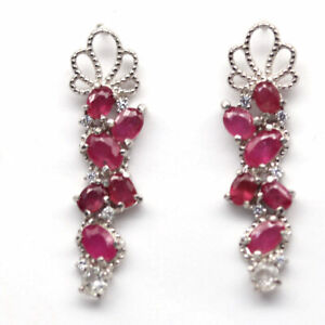 NATURAL 3 X 5 mm. PINK RUBY & WHITE CZ 925 STERLING SILVER EARRINGS
