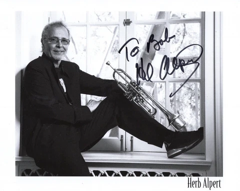 HERB ALPERT HAND SIGNED 8x10 PHOTO+COA        GREAT POSE WITH TRUMPET     TO BOB Cover