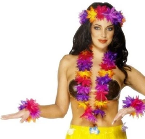 Hawaiian Fancy Dress Deluxe 4 Piece Lei Garland Set Pink/Purple by Smiffys - Picture 1 of 4