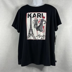 Karl Lagerfeld Top Women’s 2X Black T-Shirt Short Sleeve Paris Logo New - Picture 1 of 11