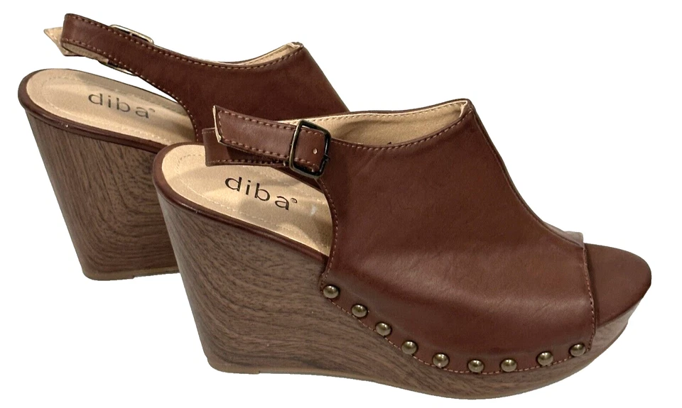 Diba Platform Wedge Sandals Heels Peep Toe Sling Back Brown Studded Women Sz 7.5 - Image 1 of 4