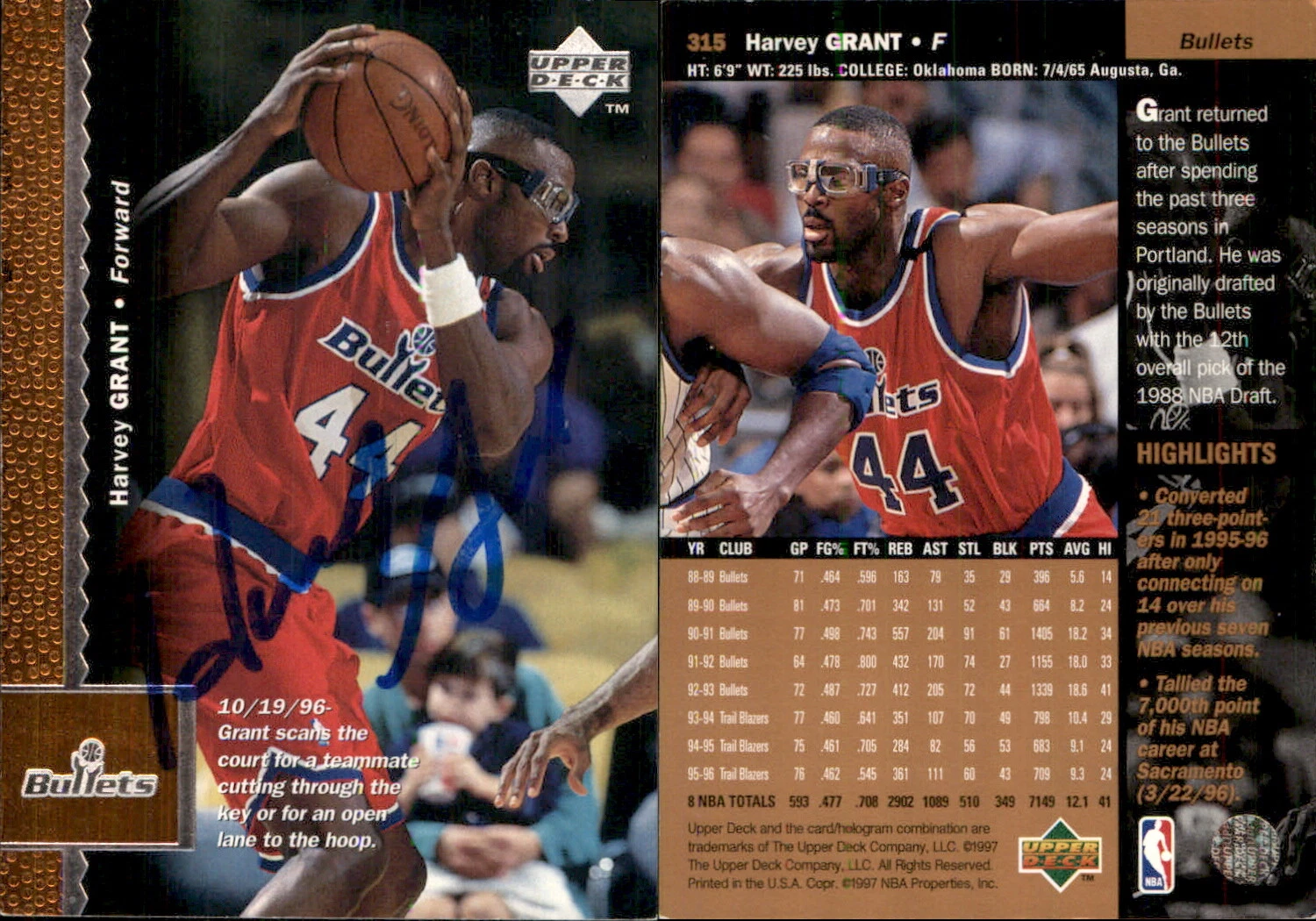 Harvey Grant Signed 1996-97 Upper Deck #315 Card Washington Bullets Auto AU