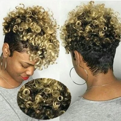 Peluca rizada en espiral corta para mujer con flequillo corte pixie cabello sintético negro/marrón/dorado Foto 1 de 4