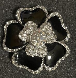 Lia Sophia "Dahlia" Flower Style Ring w/Cut Crystals Black Enamel Stones Size 7