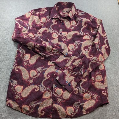 Camisa vermelha casual Tasso Elba paisley manga longa botão para cima grande L azul acento - Imagem 1 de 4