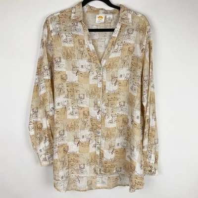 C&C California Linen Button Up Top Womens L V-Neck Paris Scenes Tan - Image 1 of 4