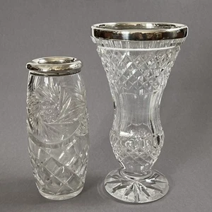 1 pair crystal vases with silver mount, vase 800 silver rim antique stamped - Picture 1 of 20