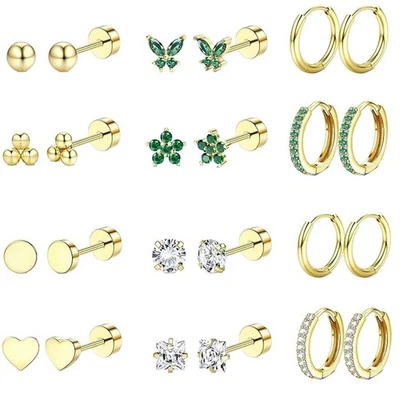 12 pares de aretes tipo argolla Huggie de circón de acero inoxidable piercing plano en la oreja Foto 1 de 4