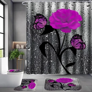4 Pcs Bathroom Set,Purple Rose Shower Curtain Sets, Romantic Shower Curtain Sets - Picture 1 of 6