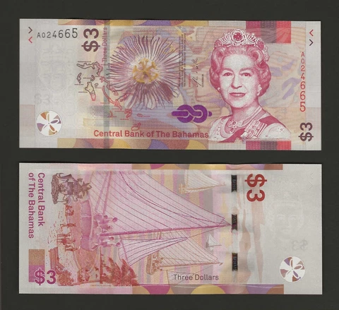 BAHAMAS $3 Dollars 2019, P-78, Popular QEII Banknote, Prefix A, Original UNC Cover