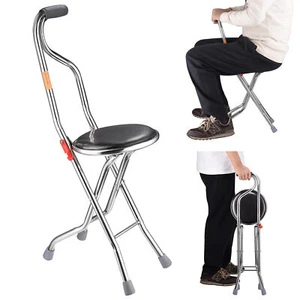 Medical Walking Stick w/ Seat Folding Chair Portable Cane Travel Eldely Care Aid - Picture 1 of 11