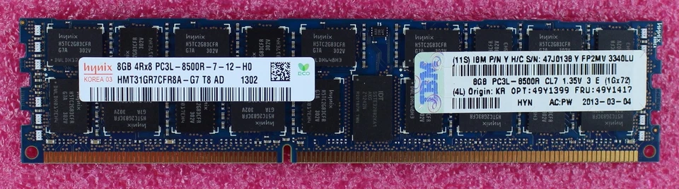 49Y1417 - IBM 8GB 4Rx8 PC3L-8500 Cl7 ECC DDR3 Dimm - Image 1 of 1