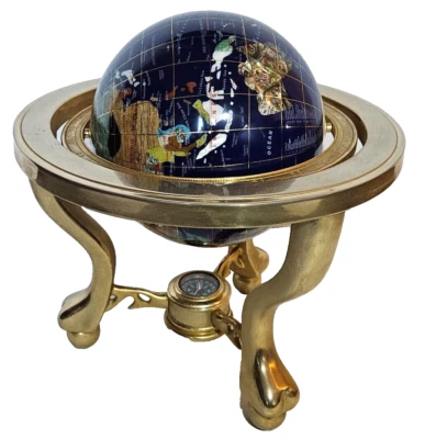 World Globe 3 Leg Brass Stand Round Inlaid Blue Lapis 14''x 15''  - Image 1 of 4