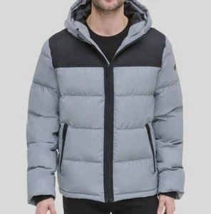 DKNY Men Gray Reflective Heavyweight Full-Zip Hooded Puffer Jacket Coat Size S - Picture 1 of 4