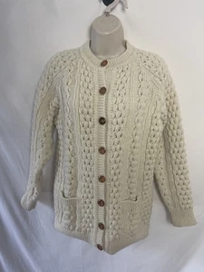 VINTAGE L.L. CARDIGAN DONNA BEAN DONEGAL IRLANDA LANA VERGINE MAGLIA A CAVO Tg 40 - Foto 1 di 8