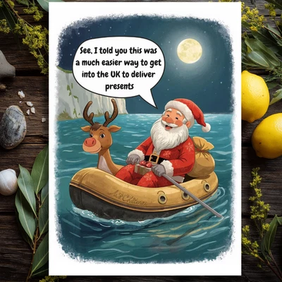 Funny Christmas Card Rubber Dingy UK Entry  Humorous Festive Xmas Card LARGE A5 - Image 1 of 4