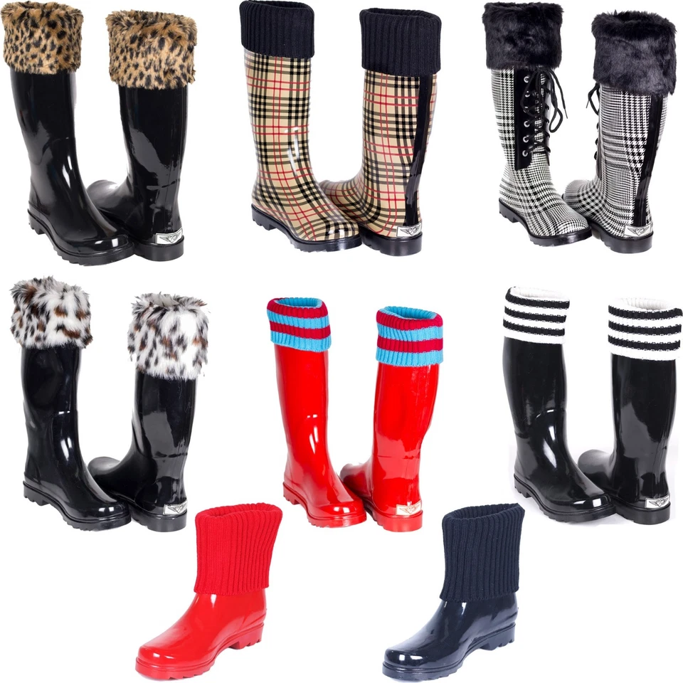 Mujeres Botas de Lluvia de Goma Impermeables, Forradas de Piel Sintética y Tejidas Top Puño Estilos Foto 1 de 1