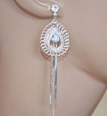 Orecchini donna argento fili pendenti ciondolo filigrana cristallo strass UW14 - Immagine 1 di 2