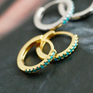 925 Sterling Silver Boho Imitation Turquoise Huggie Hoop Sleeper Earrings - Picture 1 of 14