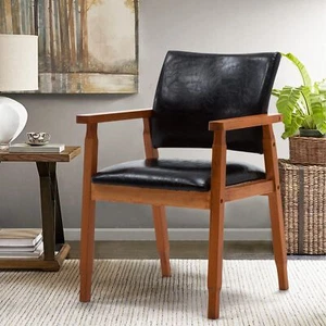 Midcentury Dining Side Chair With Faux Leather Seat In Black Arm Chair In Walnut - Picture 1 of 9