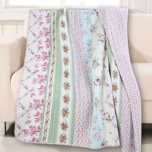 Wild Rose Floral Striped Reversible Cotton Quilted Throw  - Picture 1 of 3