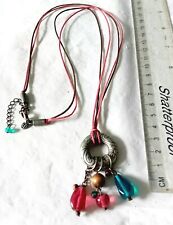 Fat Face Long Cord, Red, Blue, Brown, Silver Tone Pendant Charms Necklace C18