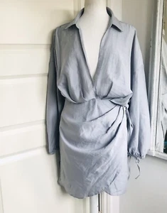 ASOS DESIGN Mini Dress Drape Wrap Front Blouson Sleeve Open Back Detail UK 18 - Picture 1 of 14