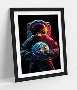 COOL ASTRONAUT HOLDING PLANET ABSTRACT FRAMED WALL ART PICTURE POSTER PRINT - Picture 1 of 10