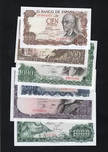 Spain banknotes set 100,100, 500,1000,1000,5000 pesetas 1965/1976 AUNC/ RD9 - Picture 1 of 7