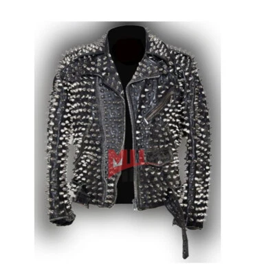 Chaqueta de cuero negra hecha a mano punk rock larga con clavos tachonados Brando para hombre Foto 1 de 4