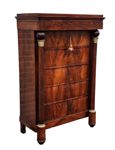 Antique 19th Century Mahogany French Empire ~ Biedermeier Tall Chest Of Drawers Cover