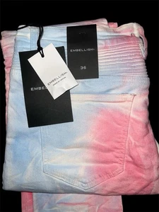 NWT Embellish Mens 36 Skinny Moto Jeans Pink Blue Tie Dye Gradient Zip Pockets - Picture 1 of 7