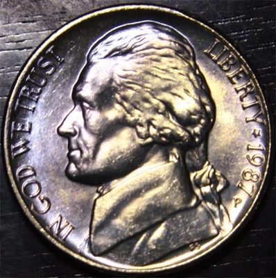 1987 P Jefferson Nickel 5 Full Steps Gem BU 5c US Coin Philadelphia Mint "Blue" - Image 1 of 2