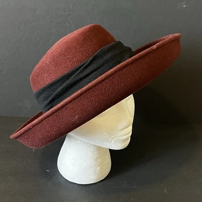 Geo W Bollman 女式勃艮第羊毛毛毡帽 OS 黑色带宽边 Express 美国 — 第 1/4 张图片