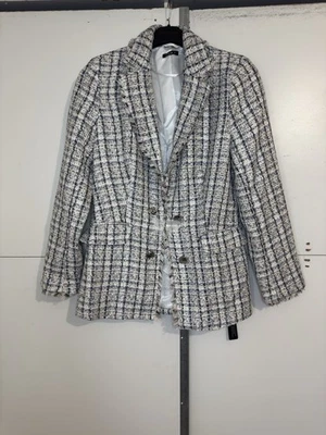 New Women Roman Black Check Frayed Edge Boucle Button Jacket UK 10 RRP £70 - Image 1 of 4