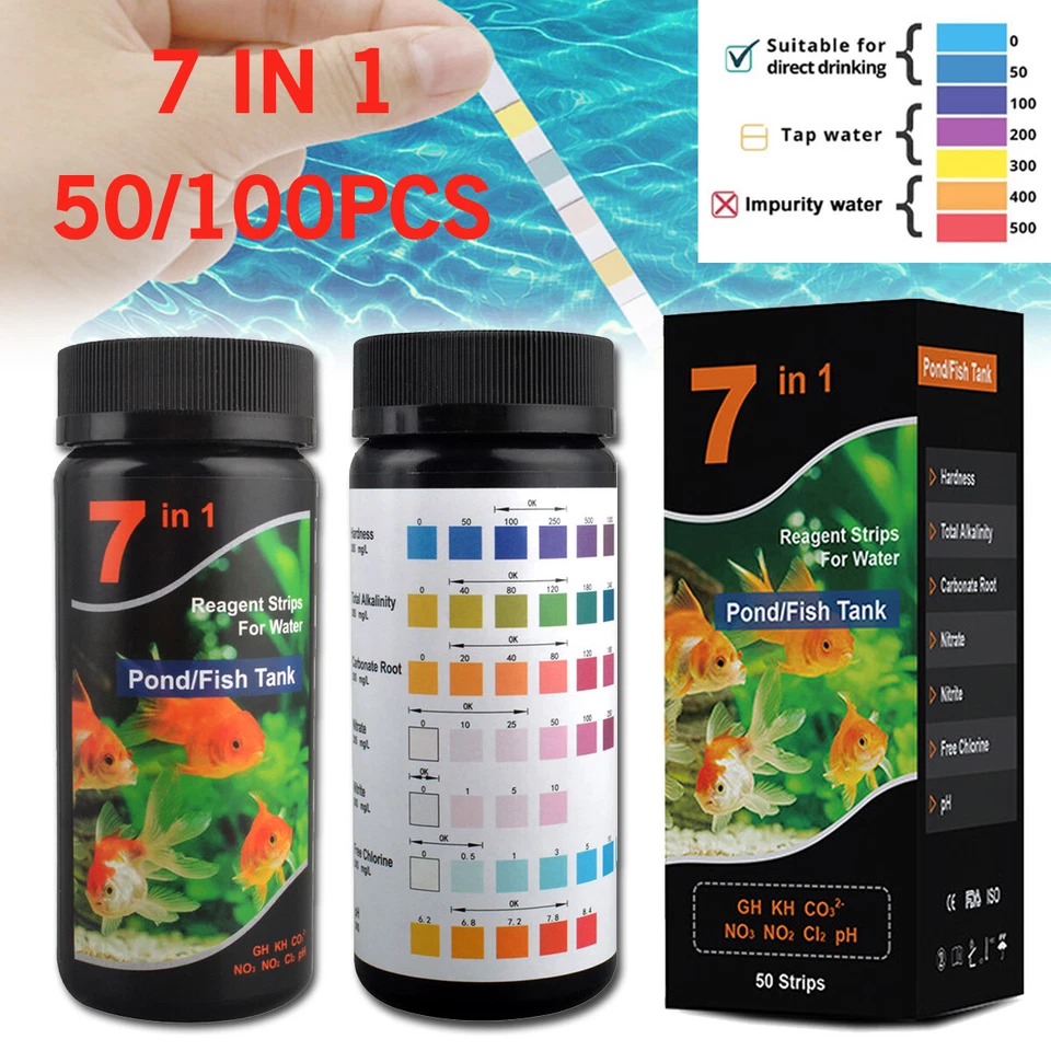 50/100x Pond Test Strips 7in1 Water Testing Kit for Freshwater Aquarium FishTank