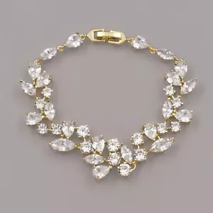 7" Gold Plated GP Clear Cubic Zirconia CZ Wedding Bridal Tennis Bracelet 07489 - Picture 1 of 5