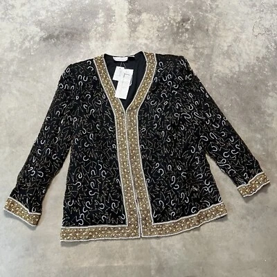 Blazer Laurence Kazar Mujer Talla XL Negro Adornado con Cuentas 100% Seda Foto 1 de 4