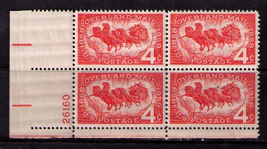 US USA Sc# 1120 MNH FVF PLATE # BLOCK Overland Mail Stagecoach Horses Map - Image 1 of 1