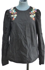 HM Black Blouse Embroidered Floral Top Long Sleeve Cotton Elegant Size UK 8 - Picture 1 of 12