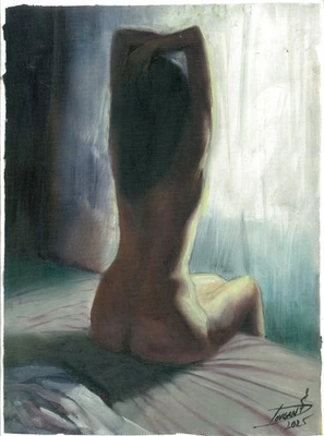 original Gemälde 30 x 40 cm 147DS Kunstwerk Ölfarben modern nackte Frau - Bild 1 von 3